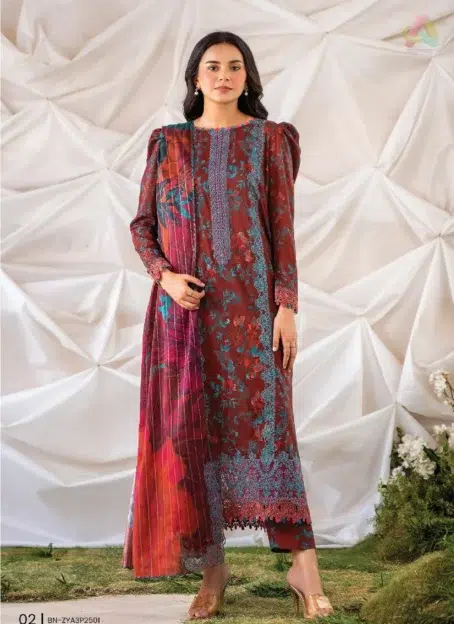 Ziya by Binaas D-02 front view showcasing intricate digital printed lawn and embroidered neckline, perfect for elegant summer occasions