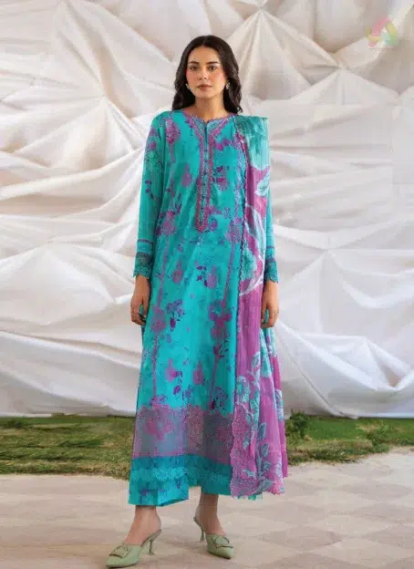 Ziya by Binaas D-03 front view showcasing digital printed lawn and embroidered neckline with lace detailing, perfect for summer events