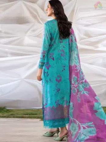Back view of Ziya by Binaas D-03, featuring matching digital printed lawn design and intricate embroidery on the sleeves