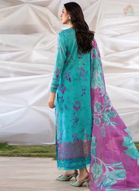 Back view of Ziya by Binaas D-03, featuring matching digital printed lawn design and intricate embroidery on the sleeves