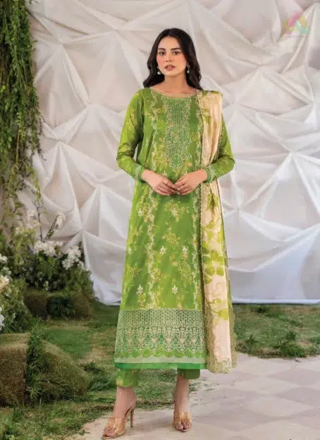 Ziya by Binaas D-04 front view showcasing digital printed lawn with embroidered neckline and lace, perfect for elegant summer events