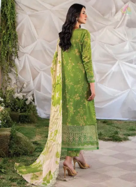 Back view of Ziya by Binaas D-04 featuring matching digital printed lawn design and embroidered sleeves for a stylish, coordinated look