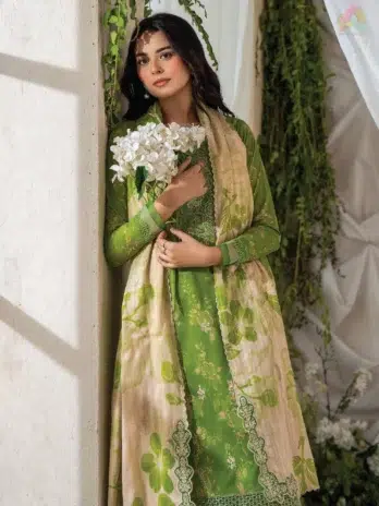 Close-up of Ziya by Binaas D-04 showing the embroidered organza neckline and lace detailing, highlighting the vibrant digital prints