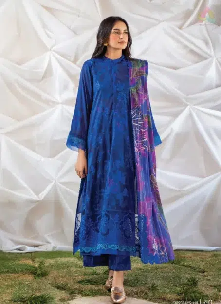 Ziya by Binaas D-05 front view showcasing digital printed lawn with embroidered neckline and lace detailing, perfect for stylish summer events