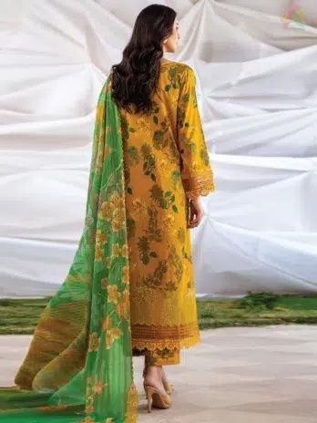 Back view of Ziya by Binaas D-06 showcasing the matching digital printed lawn design and embroidered sleeves, offering a coordinated look