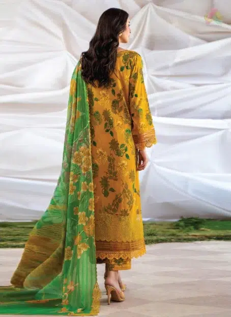Back view of Ziya by Binaas D-06 showcasing the matching digital printed lawn design and embroidered sleeves, offering a coordinated look