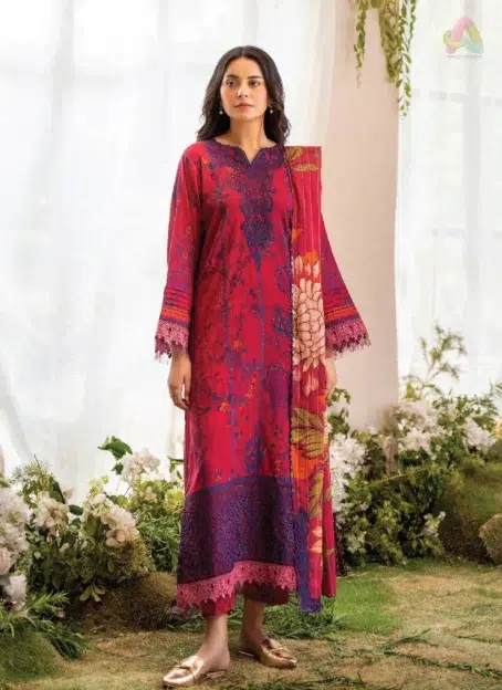 Ziya by Binaas D-07 front view showcasing digital printed lawn design with embroidered neckline and lace detailing, perfect for summer celebrations