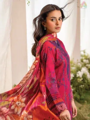 Close-up of Ziya by Binaas D-07 showing the embroidered organza neckline and lace detailing, with vibrant digital prints on the fabric