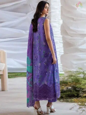 Back view of Ziya by Binaas D-08 showcasing the coordinated digital printed lawn design and embroidered sleeves, offering a sophisticated look