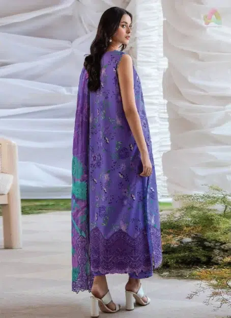 Back view of Ziya by Binaas D-08 showcasing the coordinated digital printed lawn design and embroidered sleeves, offering a sophisticated look