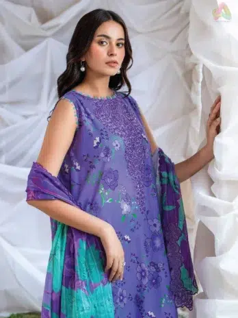 Close-up of Ziya by Binaas D-08 with embroidered organza neckline and lace detailing, highlighting the intricate digital prints