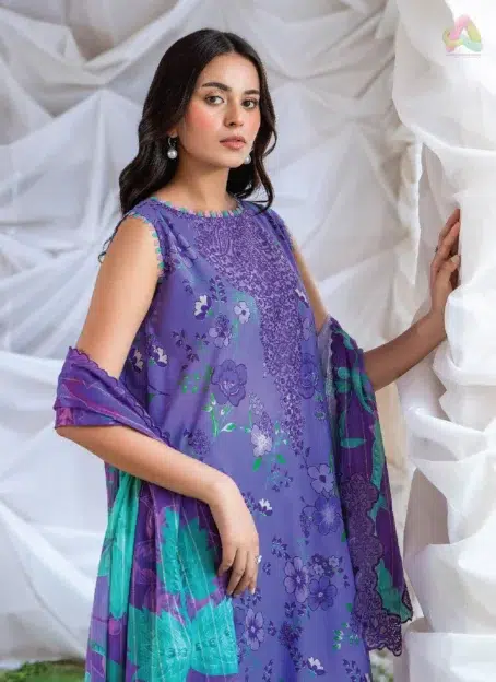 Close-up of Ziya by Binaas D-08 with embroidered organza neckline and lace detailing, highlighting the intricate digital prints