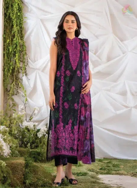 Ziya by Binaas D-10 front view featuring vibrant digital printed lawn design, embroidered neckline, and lace details, perfect for summer events