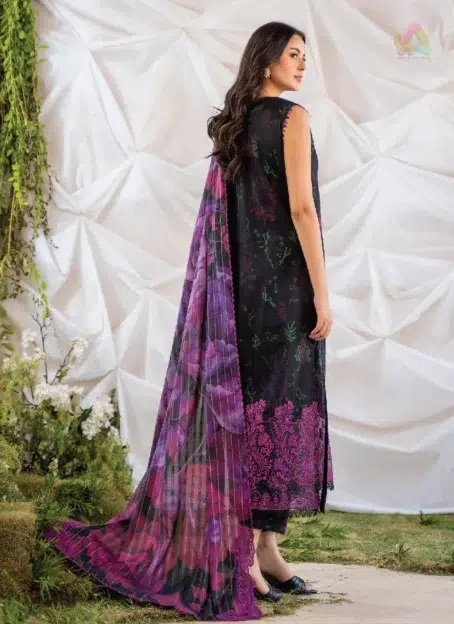 Back view of Ziya by Binaas D-10 showcasing matching digital printed lawn design and embroidered sleeves, offering a sophisticated look