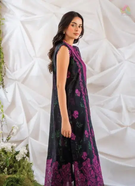Close-up of Ziya by Binaas D-10 showing the embroidered organza neckline and lace detailing, highlighting the intricate digital prints