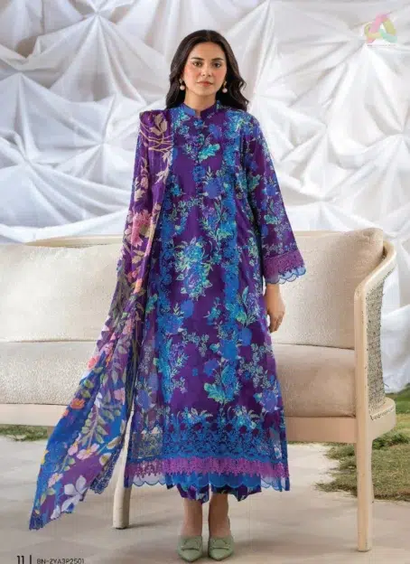 Ziya by Binaas D-11 front view showcasing vibrant digital printed lawn with embroidered neckline and lace details, perfect for elegant occasions