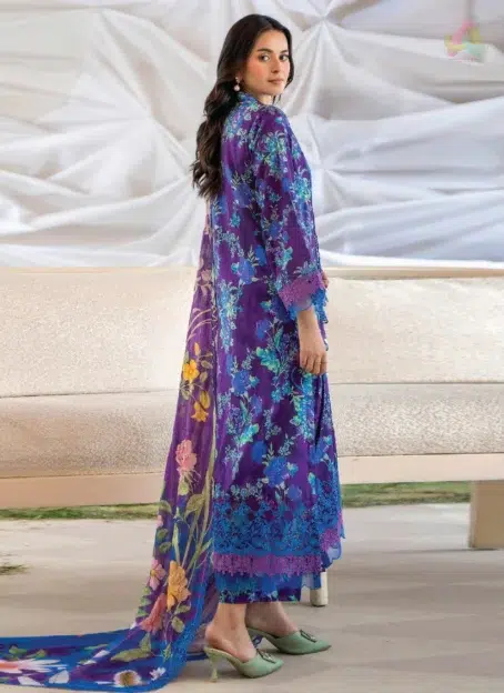 Back view of Ziya by Binaas D-11 featuring matching digital printed lawn design and embroidered sleeves for a coordinated, sophisticated look