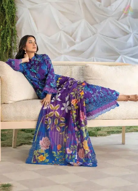 Close-up of Ziya by Binaas D-11 showing the organza embroidered neckline and lace detailing, highlighting the intricate digital prints