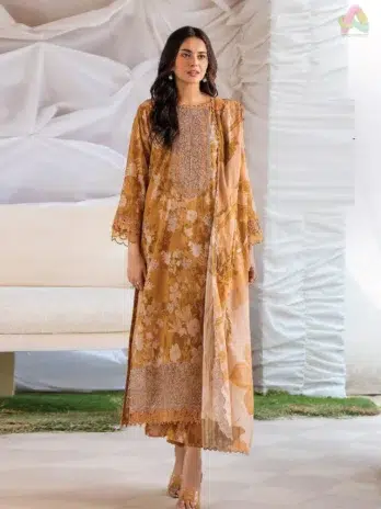Ziya by Binaas D-12 front view featuring intricate digital printed lawn with embroidered neckline and lace detailing, perfect for elegant occasions