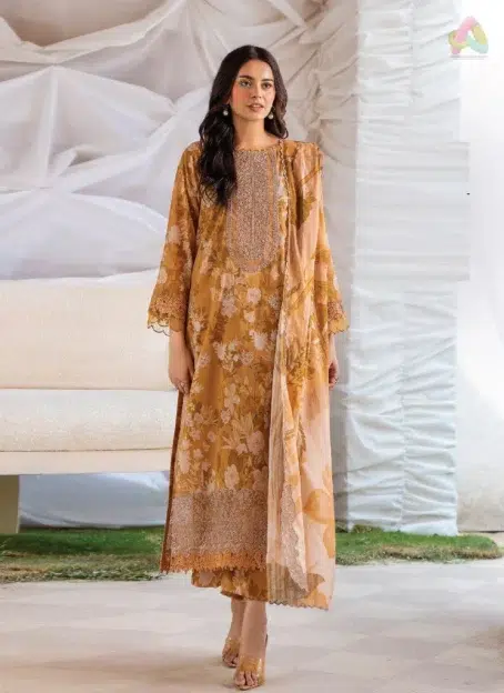 Ziya by Binaas D-12 front view featuring intricate digital printed lawn with embroidered neckline and lace detailing, perfect for elegant occasions