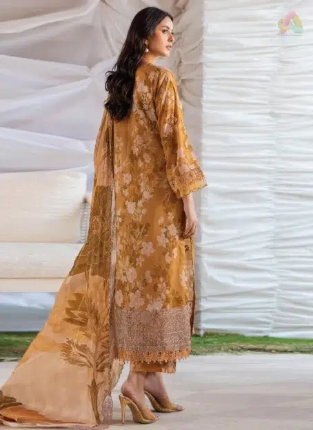 Back view of Ziya by Binaas D-12 showcasing matching digital printed lawn design and embroidered sleeves for a coordinated, sophisticated look