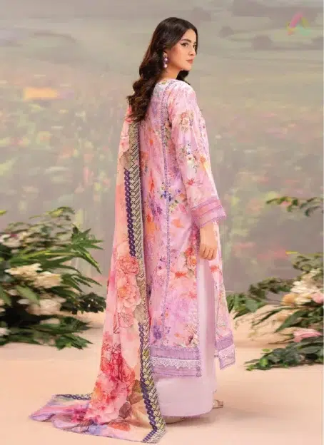 Back Image: Rear look of printed lawn back and sleeves from Brenish D-01 styled with a plain dyed cambric cotton trouser