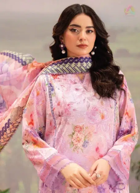 Close-Up Image: Close-up of printed lawn shirt and dupatta showcasing soft chikankari-inspired design from Brenish lawn 2025 collection