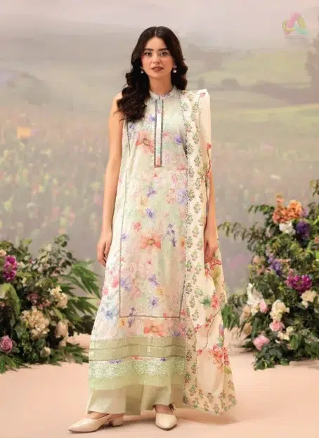 Front Image: Front view of Brenish D-02 showing chikankari-style printed lawn shirt with elegant motifs from Brenish lawn 2025 summer collection