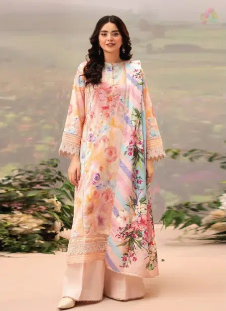 Front view of Brenish Chikankari Lawn D-03 with detailed chikankari-inspired digital print on lawn shirt for elegant summer dressing