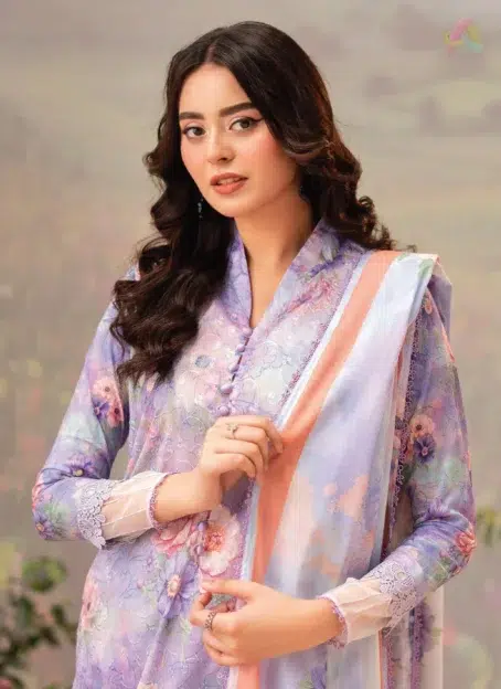 Close-up of chikankari print and lawn texture from Brenish D-04, highlighting soft fabric and embroidery-inspired digital detail