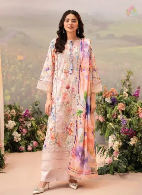 Front view of Brenish Chikankari Lawn D-05 featuring digital chikankari lawn print, ideal for a cool, sophisticated summer appearance