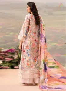 Back side of the lawn shirt in D-05 showing matching digital print and plain dyed trouser, offering full coverage and easy style