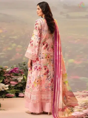 Back view of Brenish D-06 showing soft printed lawn fabric and matching dyed trouser, crafted for stylish warm-weather wear