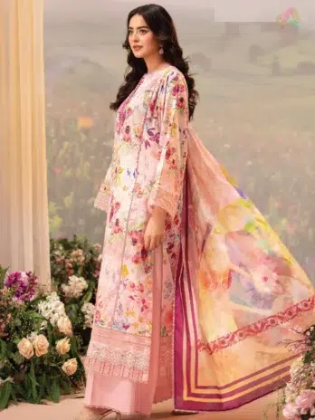 Close-up showing digital embroidery-style chikankari print and fine fabric texture from Brenish lawn 2025 collection