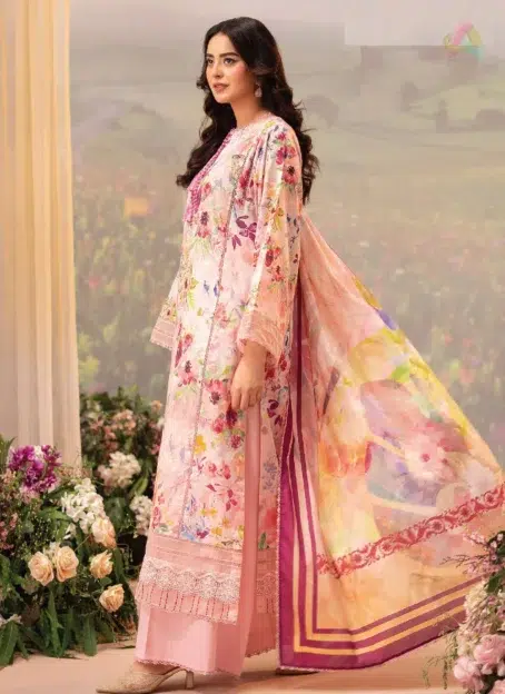 Close-up showing digital embroidery-style chikankari print and fine fabric texture from Brenish lawn 2025 collection