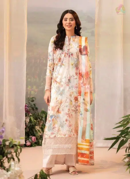 Front view of Brenish Chikankari Lawn D-07 with digital printed Chikankari design on soft lawn fabric, perfect for elegant summer fashion.