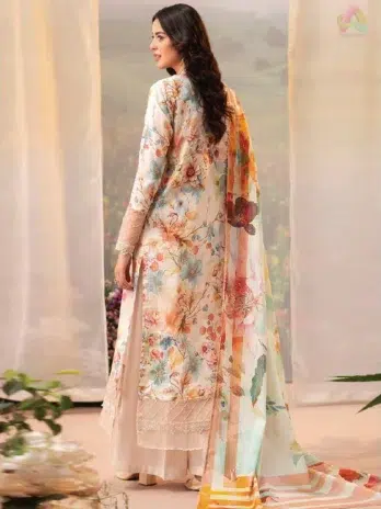 Back side of Brenish Chikankari Lawn D-07 showcasing printed lawn with intricate detailing, capturing both comfort and traditional charm.