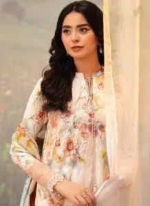 Close-up of Chikankari embroidery on Brenish D-07 highlighting the digital print quality and soft lawn texture ideal for warm weather