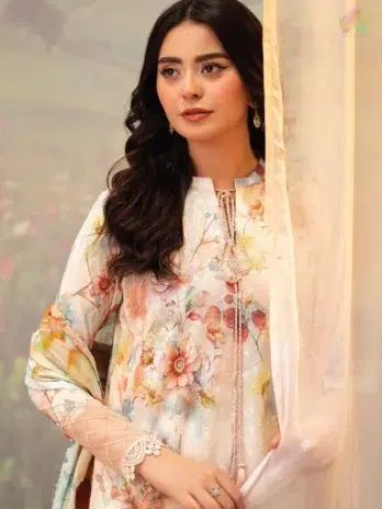 Close-up of Chikankari embroidery on Brenish D-07 highlighting the digital print quality and soft lawn texture ideal for warm weather