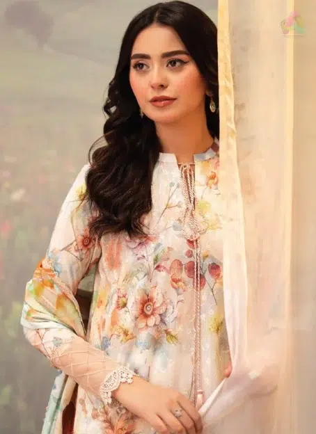 Close-up of Chikankari embroidery on Brenish D-07 highlighting the digital print quality and soft lawn texture ideal for warm weather