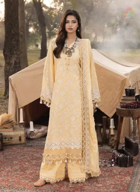 Front view of Multikaari by Adan’s Libas 3030 showing multi-thread schiffli embroidery on lawn fabric with elegant and detailed craftsmanship