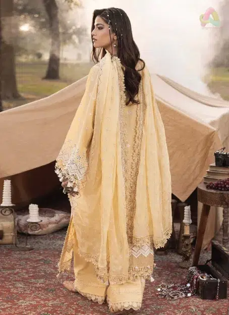 Back side of the Adan’s Libas 3030 suit featuring schiffli embroidered lawn for a graceful and traditional summer look