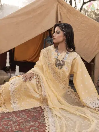 Full three-piece view of Multikaari by Adan’s Libas 3030 with chiffon dupatta and cotton trouser—perfect for formal and festive wear