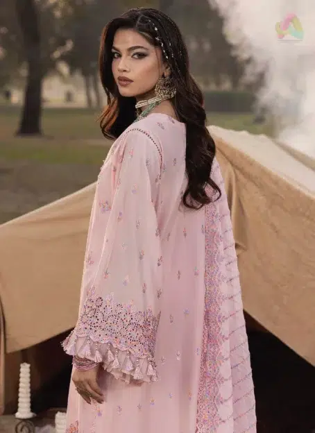 Back side of the Adan’s Libas 3031 outfit featuring elegant schiffli embroidered lawn in a refined design from the brand's 2025 collection