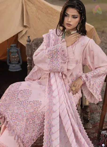 Detailed close-up of schiffli embroidery on the neckline and sleeves of Adan’s Libas 3031, showing threadwork quality and fabric texture