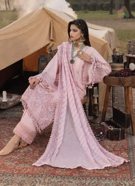 Complete 3-piece view of Multikaari by Adan’s Libas 3031 with chiffon dupatta and cotton trouser, perfect for festive and elegant daywear.