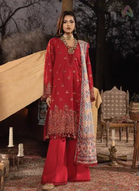 Front view of Multikaari by Adan’s Libas 3034 showcasing intricate schiffli embroidery on premium lawn, ideal for elegant summer occasions