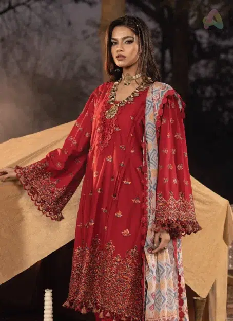 Detailed close-up of neckline and sleeve embroidery from Multikaari 3034, highlighting expert schiffli craftsmanship on soft, breathable lawn