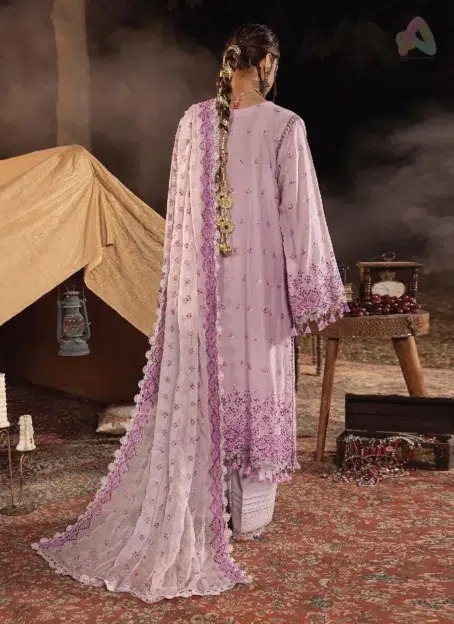 Back side of Adan’s Libas 3035 highlighting schiffli embroidery on soft lawn fabric, perfect for modern women’s traditional wear