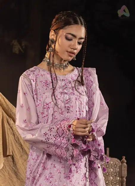 Close-up of neckline and sleeve embroidery on Multikaari 3035 showcasing multi-thread schiffli detailing with elegant lawn texture